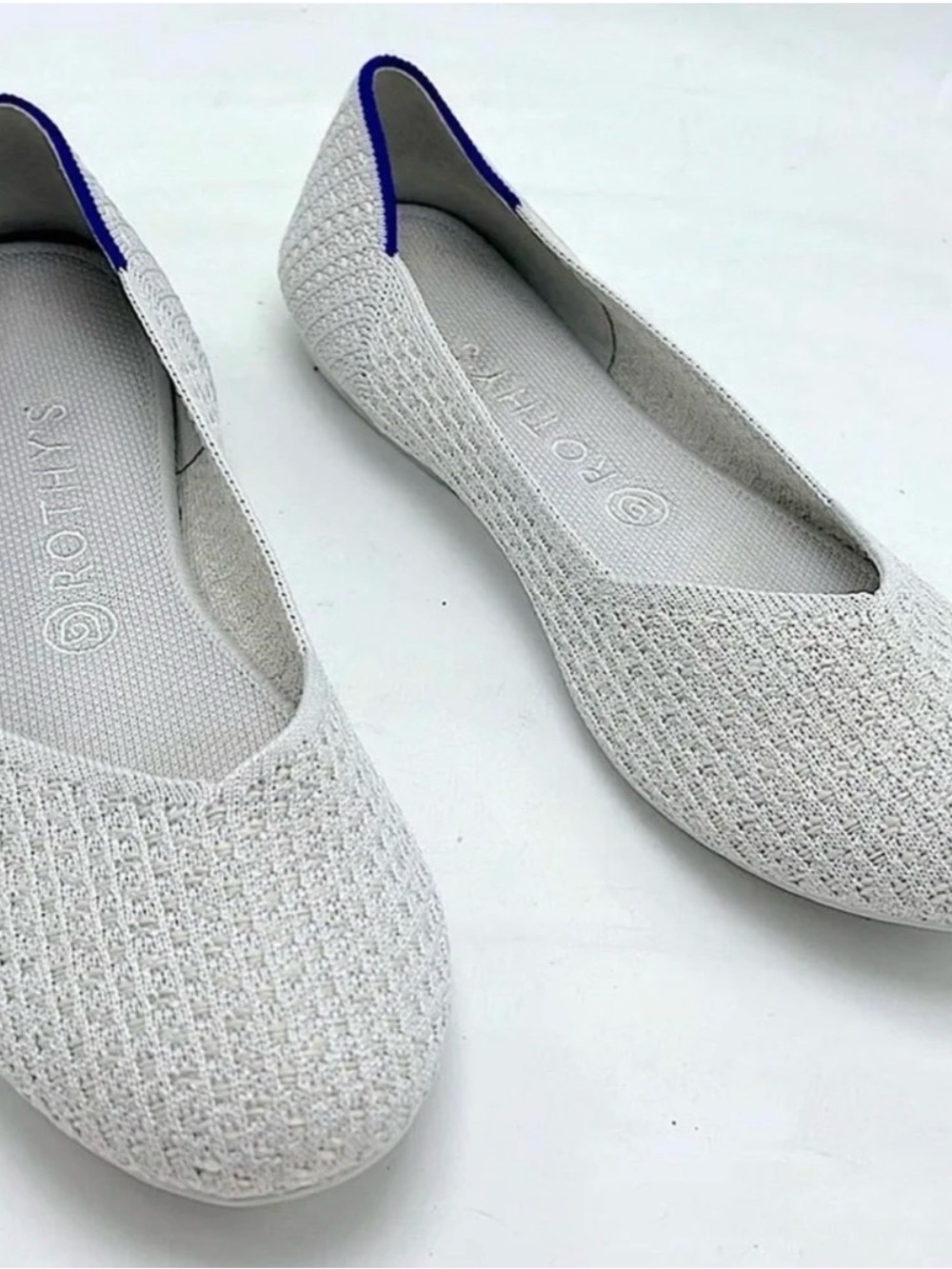 Rothy's white Knit Pointed Ballet Flats with Blue Heel Tab